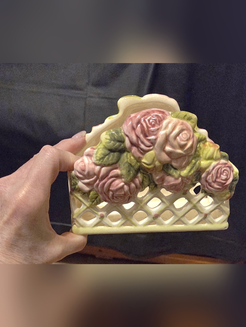 Vtg Lady Jayne Ltd 6 x 4" Painted Pink Rose Garden Pen Paper Letter Holder